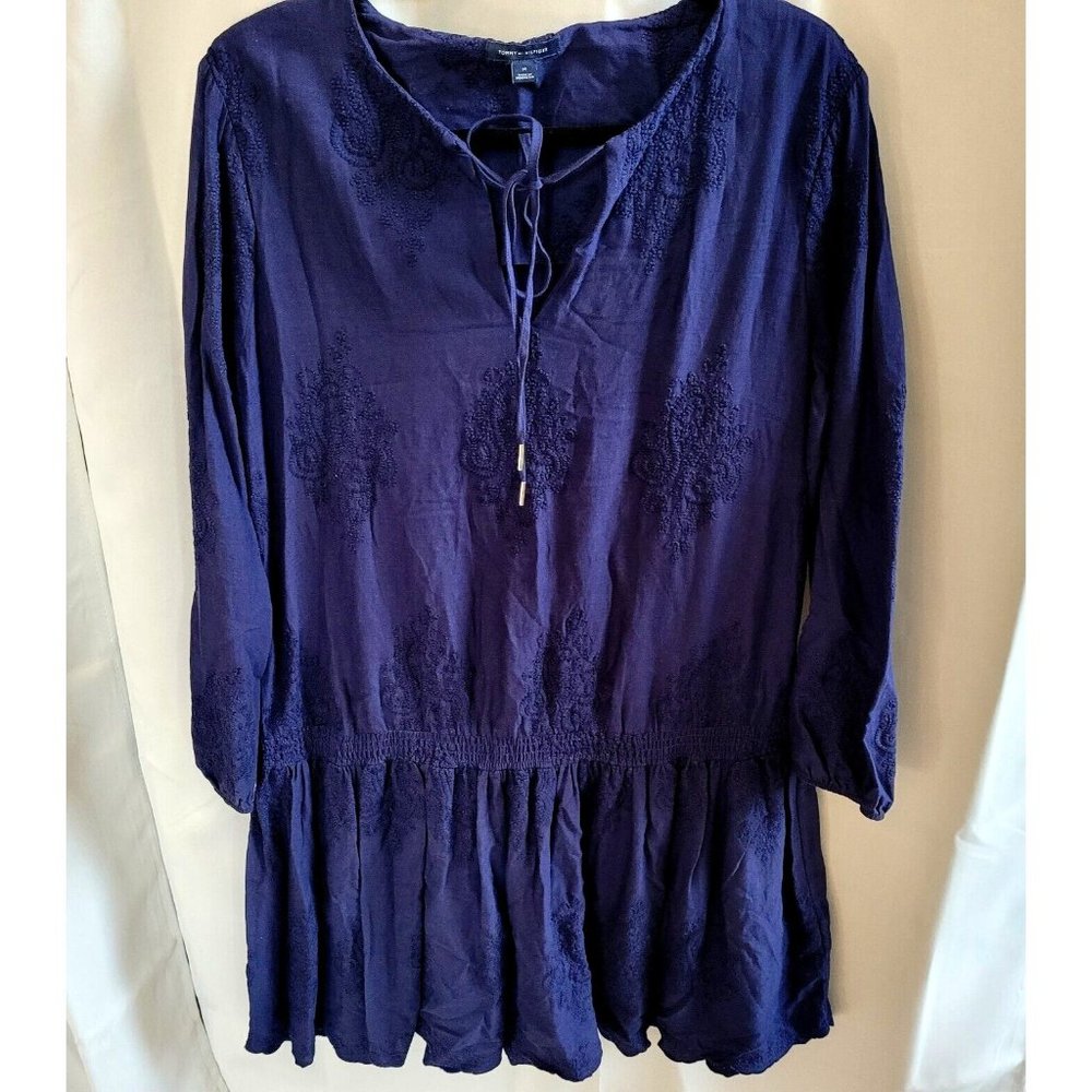 TOmmy Hilfiger Womens Dress Size 14 Blue Floral Embroidered Scalloped‎ Hem 15741